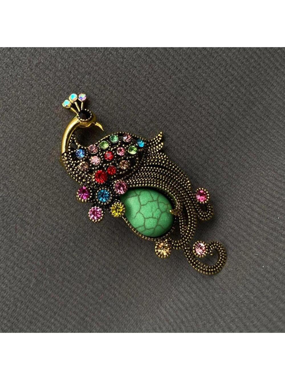 Vintage Peacock Brooch with Multicolor Rhinestones and Green